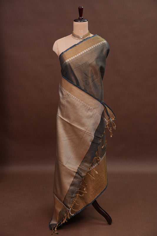 Tissue Linen Silk Saree – Antique Gold & Charcoal Grey with Temple Border