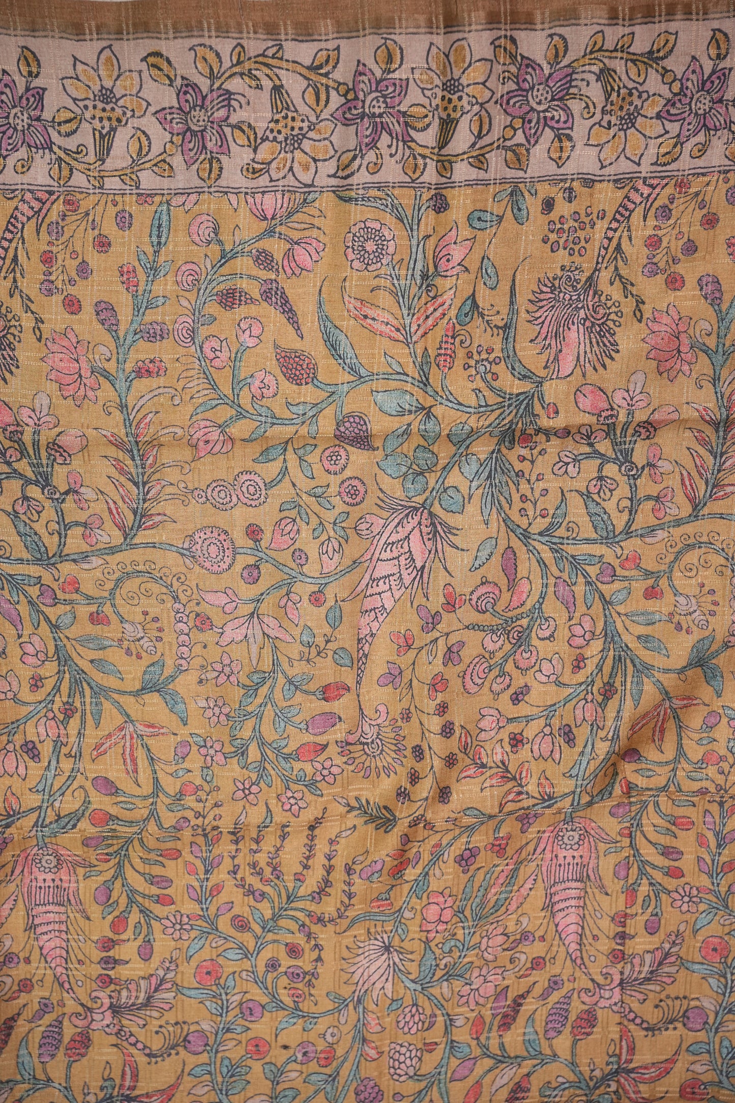 Semi Tussar Raw Silk Saree with Checkered Body & Kalamkari Pallu – Brown