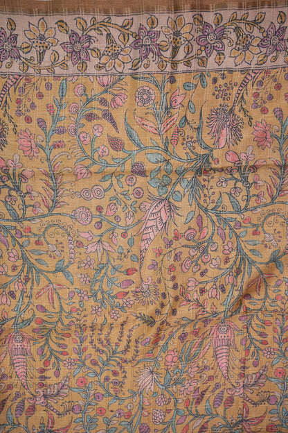 Semi Tussar Raw Silk Saree with Checkered Body & Kalamkari Pallu – Brown
