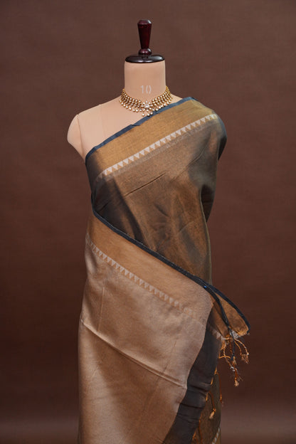 Tissue Linen Silk Saree – Antique Gold & Charcoal Grey with Temple Border