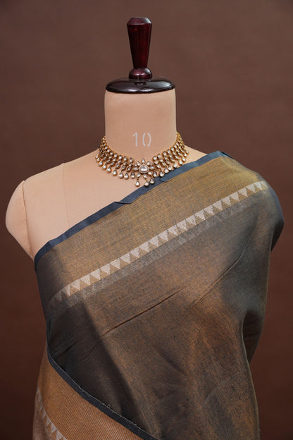 Tissue Linen Silk Saree – Antique Gold & Charcoal Grey with Temple Border