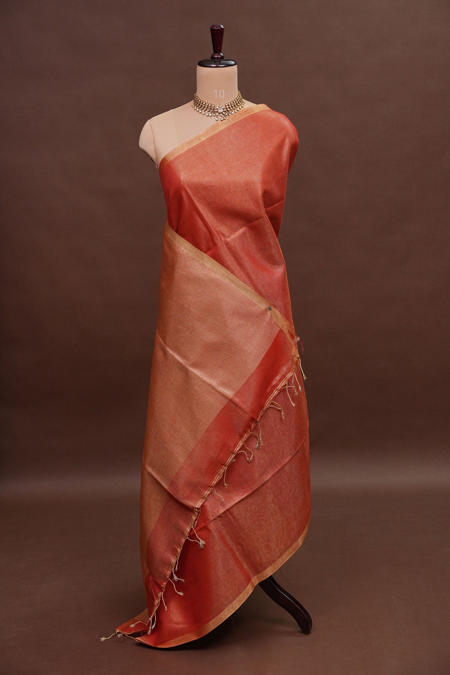 Tissue Linen Silk Saree – Rustic Brick Red with Classic Gold Border