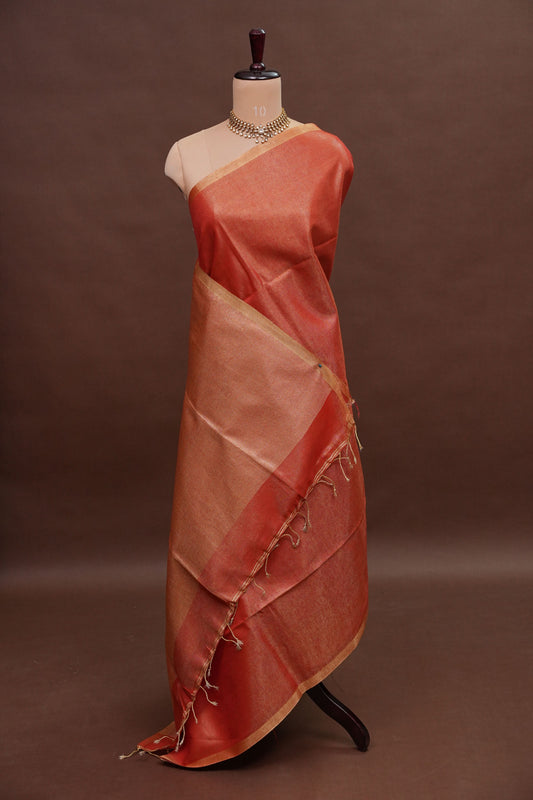 Tissue Linen Silk Saree – Rustic Brick Red with Classic Gold Border
