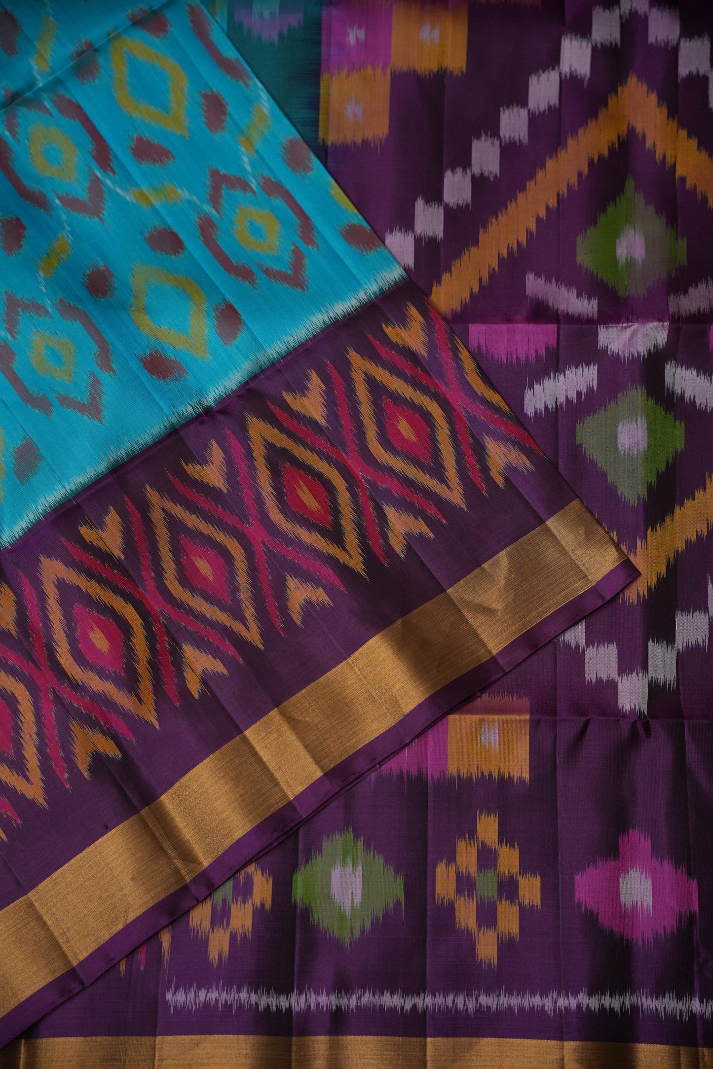 Pure Ikkat Soft Silk Saree - Turquoise Blue & Purple