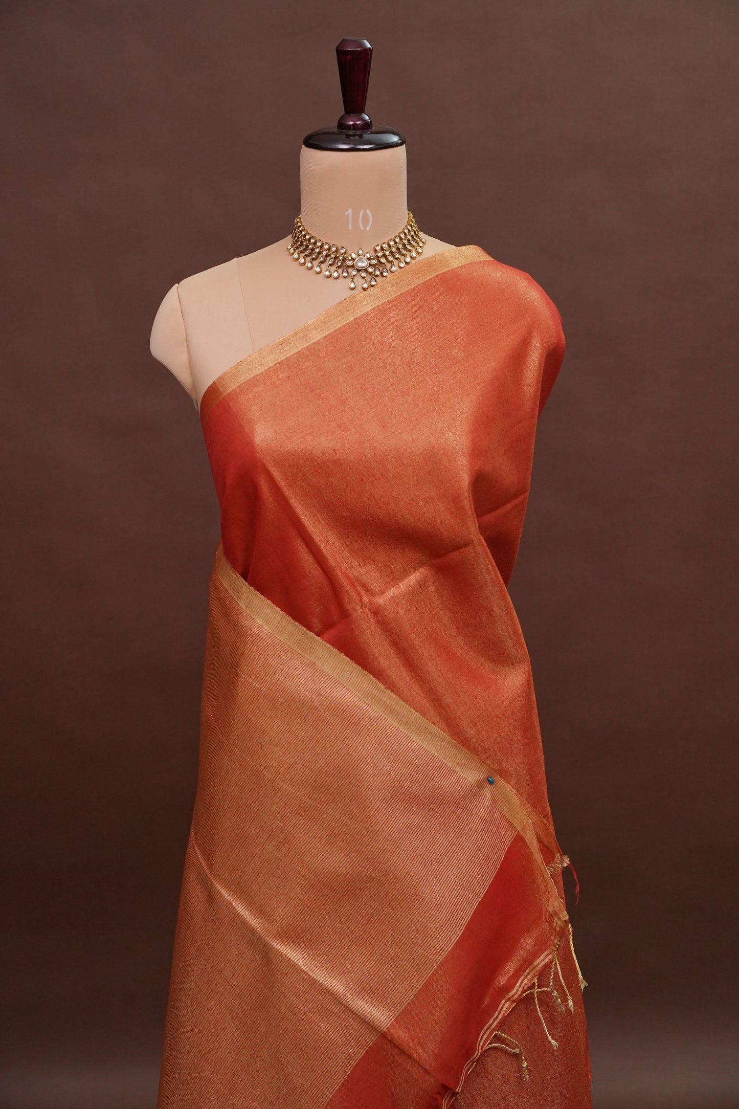 Tissue Linen Silk Saree – Rustic Brick Red with Classic Gold Border