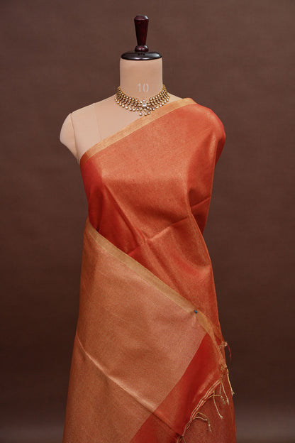 Tissue Linen Silk Saree – Rustic Brick Red with Classic Gold Border