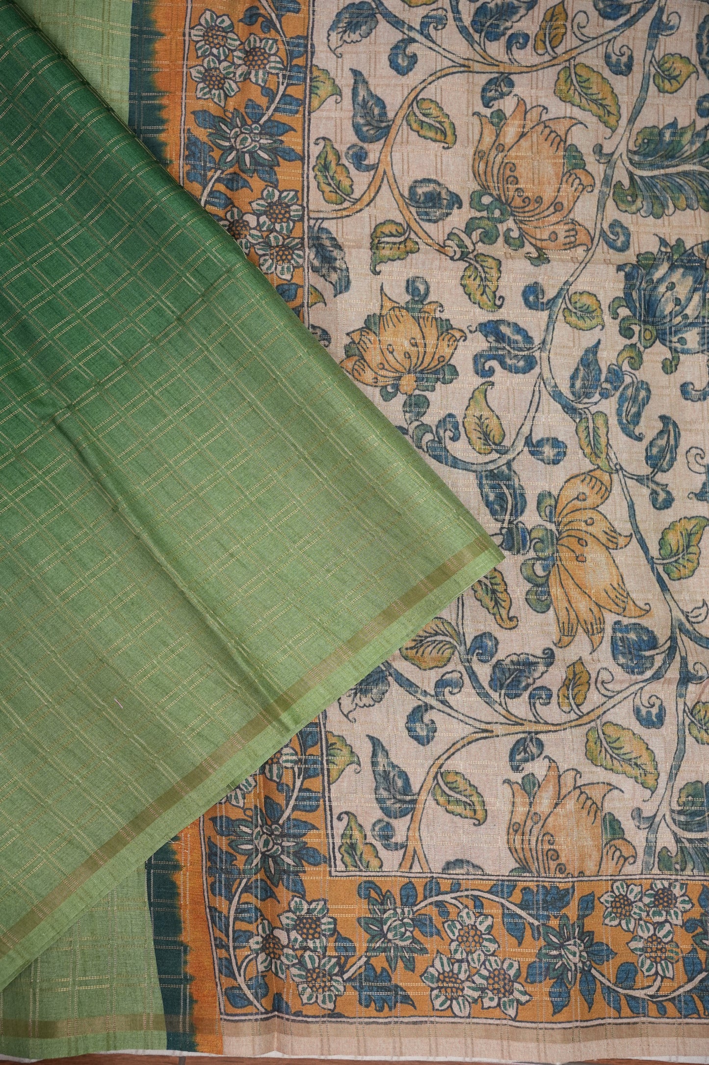 Tussar Raw Silk Saree with Dual-Shade Checkered Body & Kalamkari Printed Pallu and Blouse – Sage Green