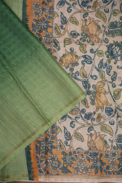 Tussar Raw Silk Saree with Dual-Shade Checkered Body & Kalamkari Printed Pallu and Blouse – Sage Green