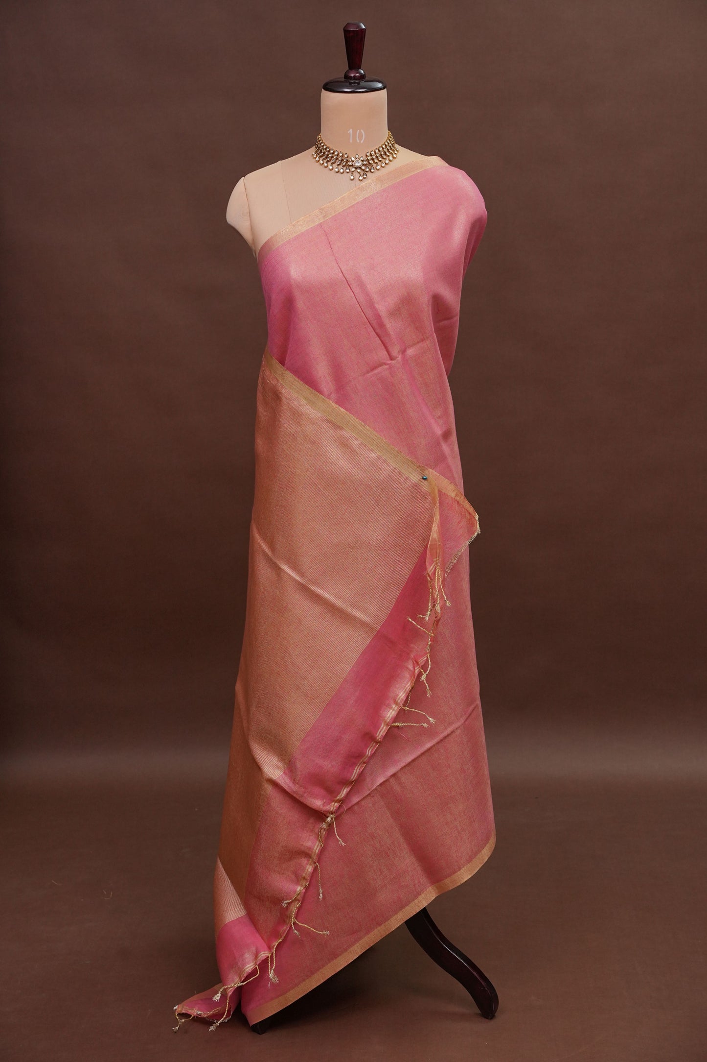 Tissue Linen Silk Saree – Blush Pink with Subtle Gold Zari Border