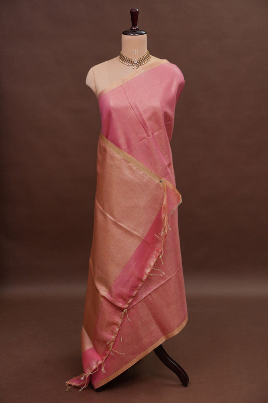 Tissue Linen Silk Saree – Blush Pink with Subtle Gold Zari Border