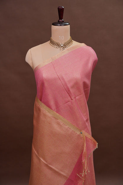 Tissue Linen Silk Saree – Blush Pink with Subtle Gold Zari Border