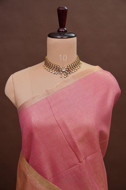 Tissue Linen Silk Saree – Blush Pink with Subtle Gold Zari Border