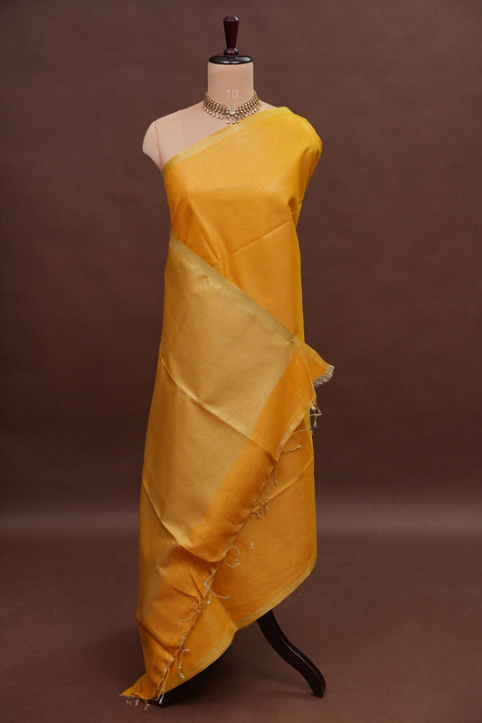 Tissue Linen Silk Saree – Mustard Yellow with Subtle Gold Zari Border