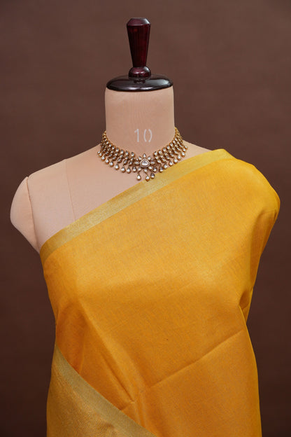 Tissue Linen Silk Saree – Mustard Yellow with Subtle Gold Zari Border