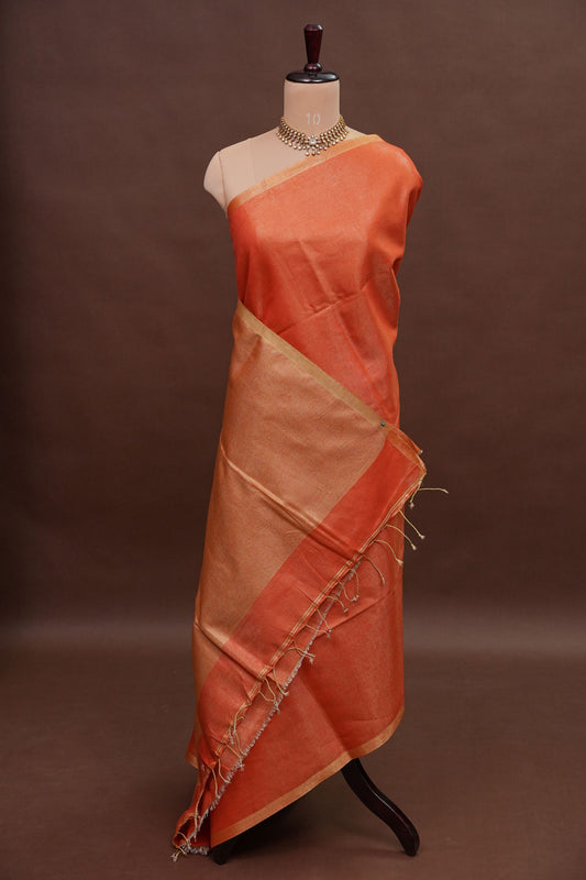 Tissue Linen Silk Saree – Rust Orange with Subtle Gold Zari Border