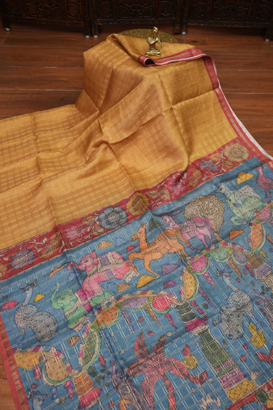 Tussar Raw Silk Saree with Checkered Body & Kalamkari Printed Pallu and Blouse – Antique Gold & Red