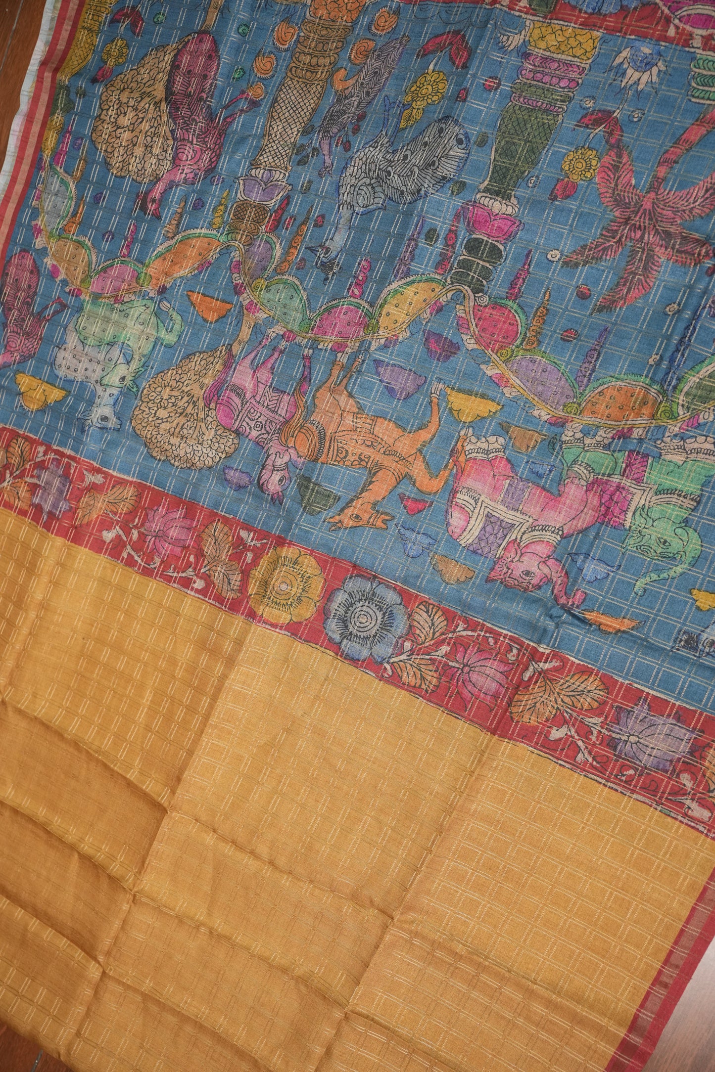 Tussar Raw Silk Saree with Checkered Body & Kalamkari Printed Pallu and Blouse – Antique Gold & Red