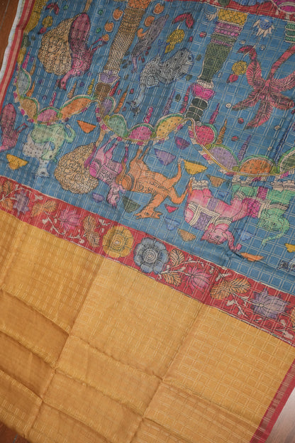 Tussar Raw Silk Saree with Checkered Body & Kalamkari Printed Pallu and Blouse – Antique Gold & Red