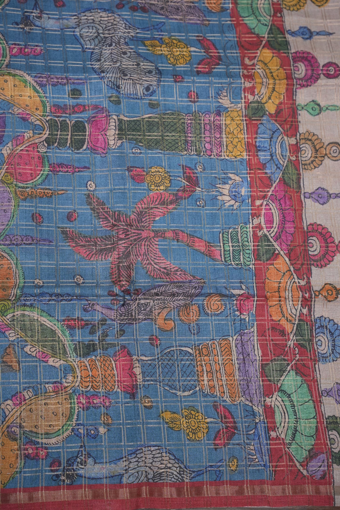Tussar Raw Silk Saree with Checkered Body & Kalamkari Printed Pallu and Blouse – Antique Gold & Red