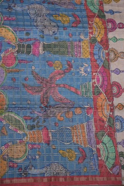 Tussar Raw Silk Saree with Checkered Body & Kalamkari Printed Pallu and Blouse – Antique Gold & Red