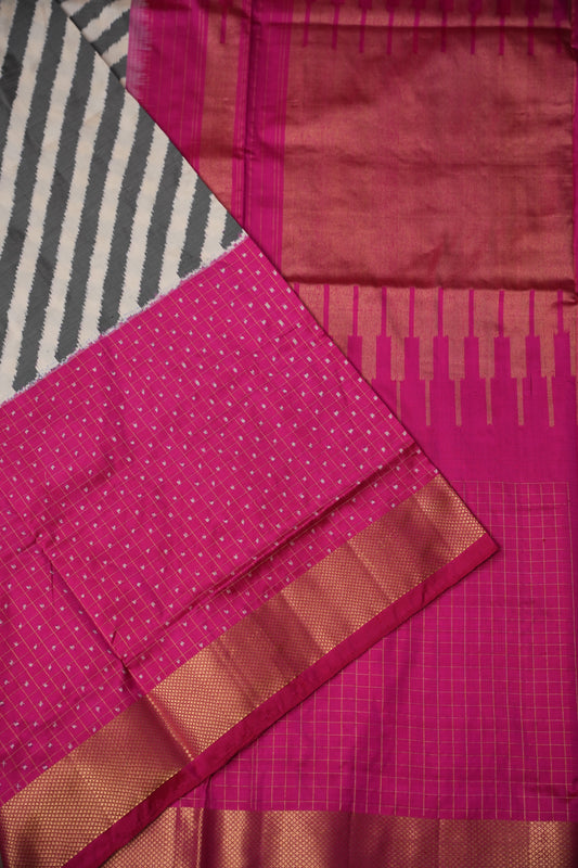 Pure Ikkat Soft Silk Saree - Pink & Ivory