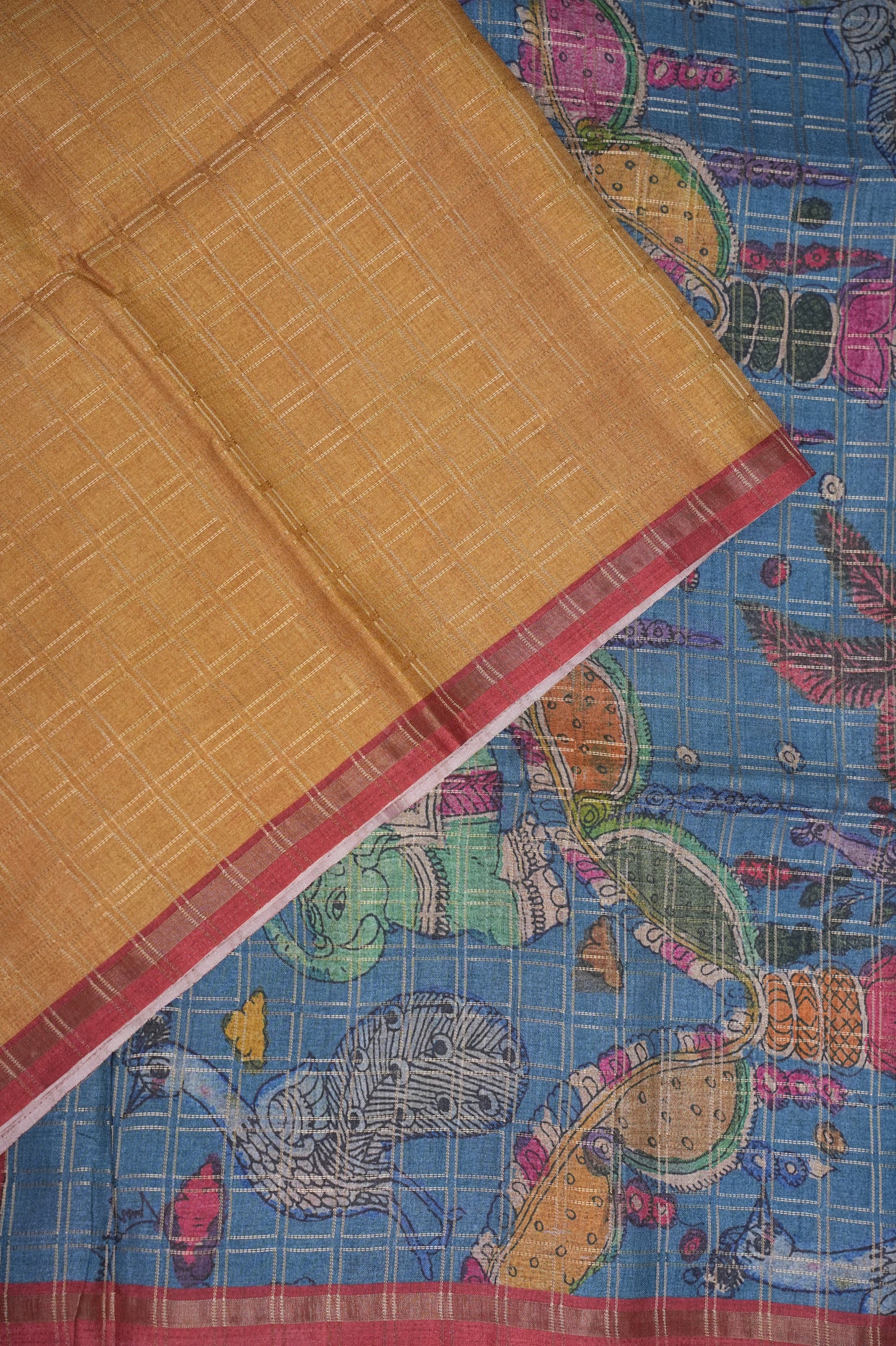 Tussar Raw Silk Saree with Checkered Body & Kalamkari Printed Pallu and Blouse – Antique Gold & Red