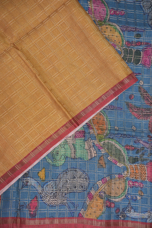 Tussar Raw Silk Saree with Checkered Body & Kalamkari Printed Pallu and Blouse – Antique Gold & Red