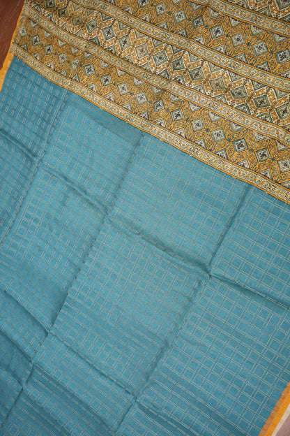Tussar Raw Silk Saree with Checkered Body & Ajrakh Printed Pallu and Blouse – Turquoise Blue & Mustard