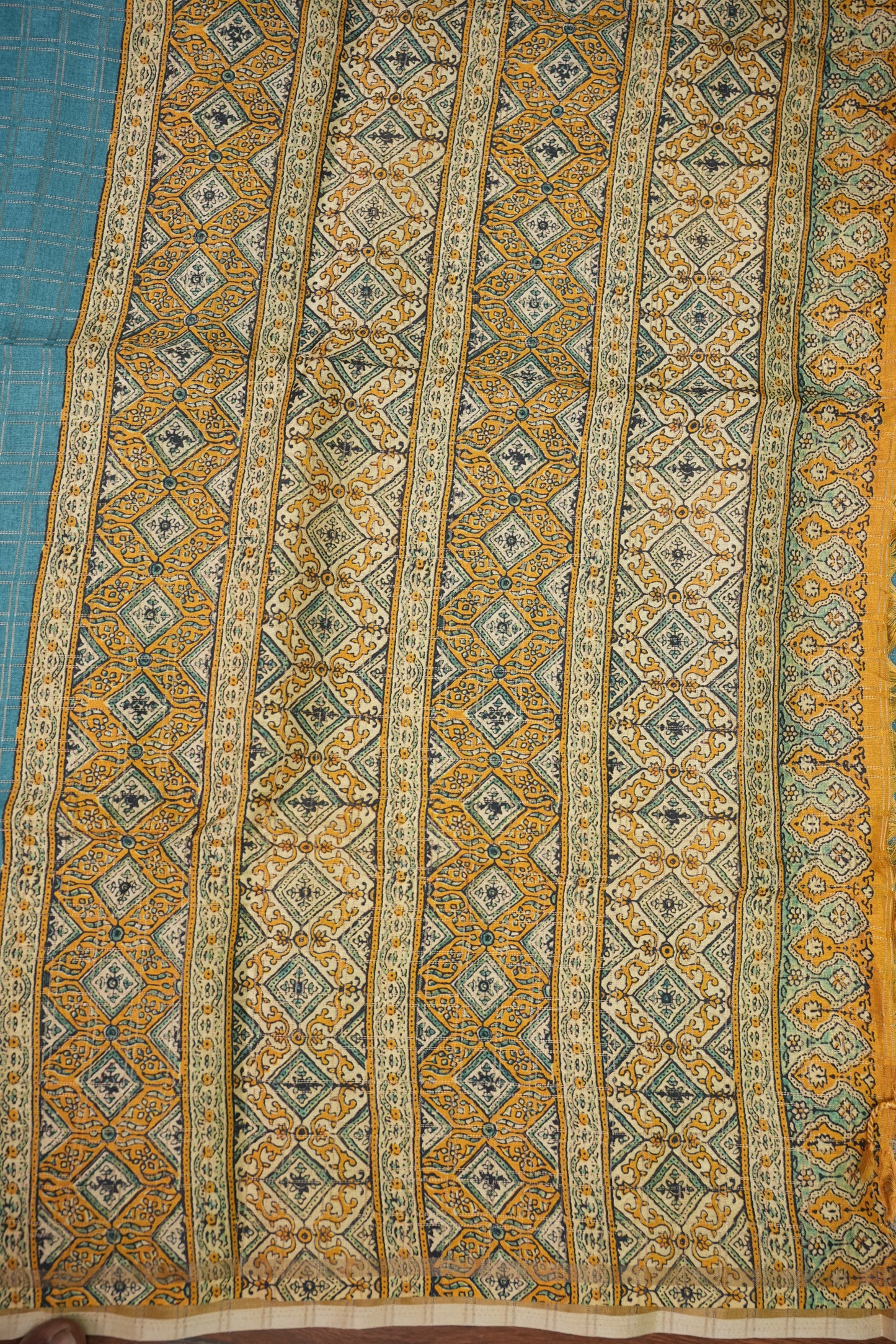 Tussar Raw Silk Saree with Checkered Body & Ajrakh Printed Pallu and Blouse – Turquoise Blue & Mustard