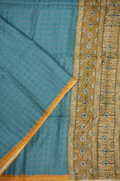 Tussar Raw Silk Saree with Checkered Body & Ajrakh Printed Pallu and Blouse – Turquoise Blue & Mustard