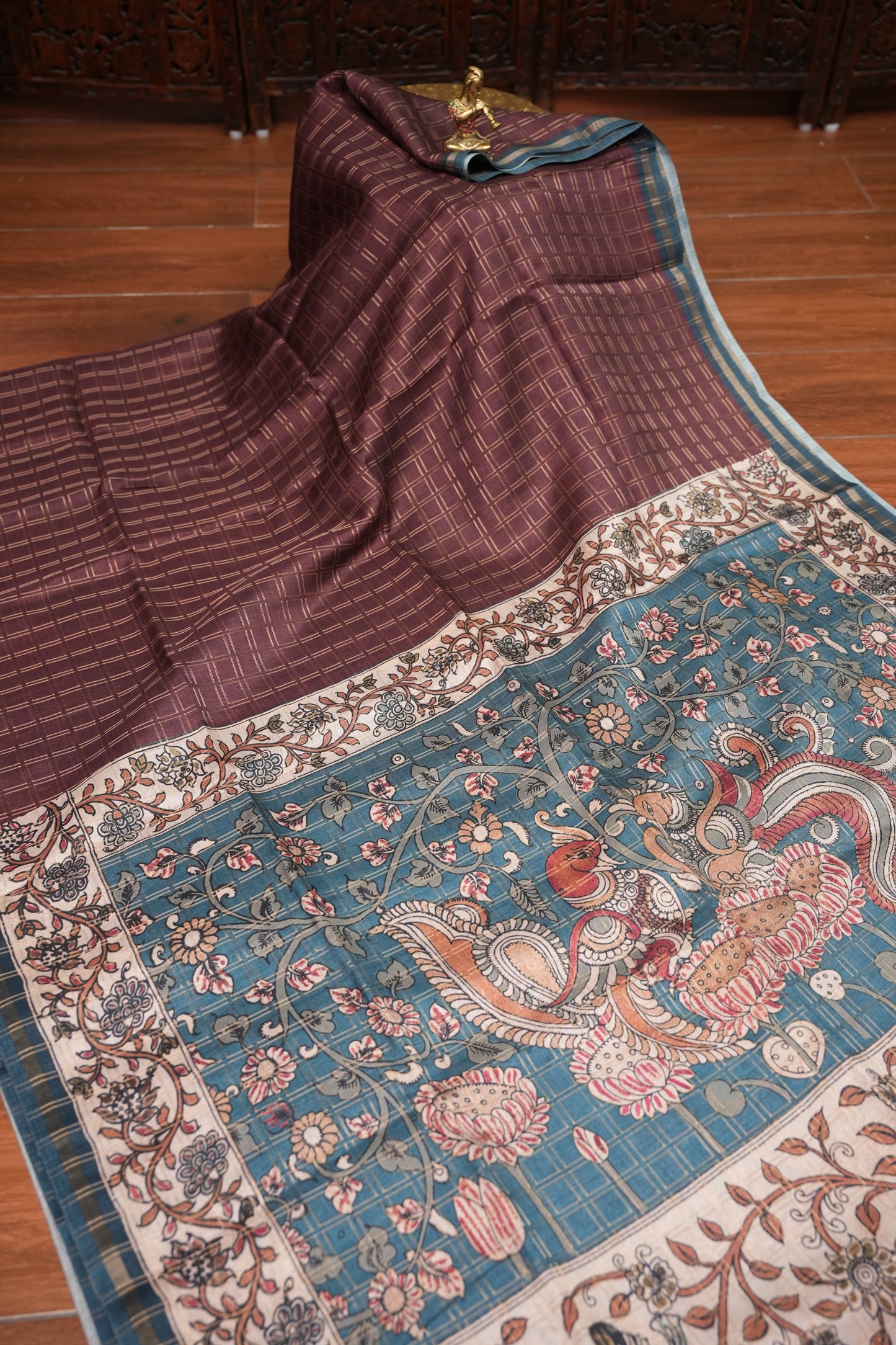 Tussar Raw Silk Saree with Checkered Body & Kalamkari Printed Pallu and Blouse – Brown & Teal Blue