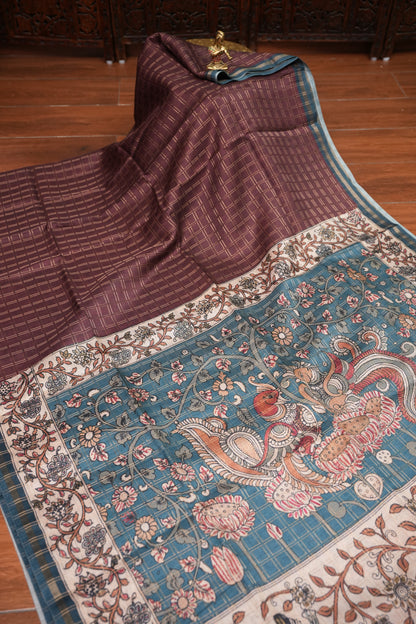 Tussar Raw Silk Saree with Checkered Body & Kalamkari Printed Pallu and Blouse – Brown & Teal Blue