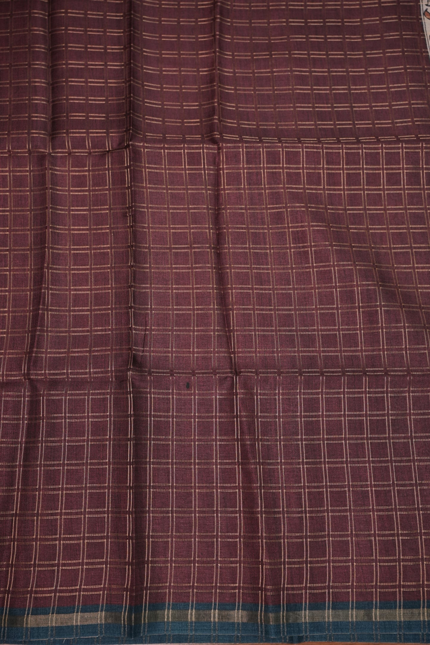 Tussar Raw Silk Saree with Checkered Body & Kalamkari Printed Pallu and Blouse – Brown & Teal Blue