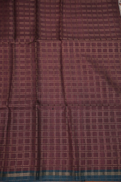 Tussar Raw Silk Saree with Checkered Body & Kalamkari Printed Pallu and Blouse – Brown & Teal Blue