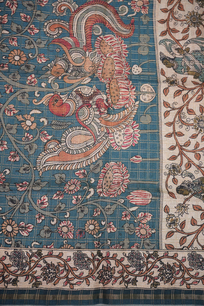 Tussar Raw Silk Saree with Checkered Body & Kalamkari Printed Pallu and Blouse – Brown & Teal Blue