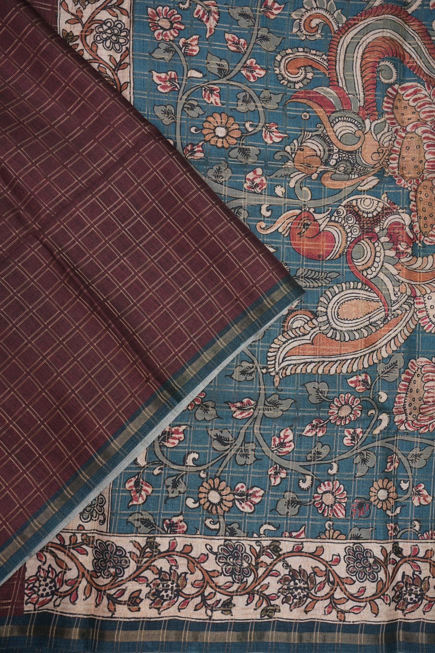 Tussar Raw Silk Saree with Checkered Body & Kalamkari Printed Pallu and Blouse – Brown & Teal Blue