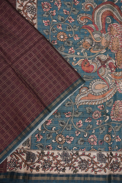 Tussar Raw Silk Saree with Checkered Body & Kalamkari Printed Pallu and Blouse – Brown & Teal Blue