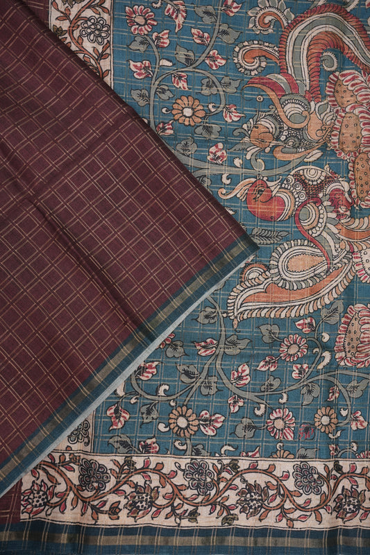 Tussar Raw Silk Saree with Checkered Body & Kalamkari Printed Pallu and Blouse – Brown & Teal Blue