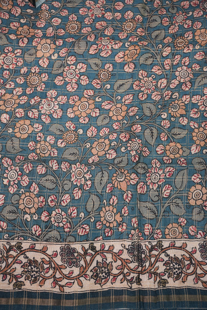 Tussar Raw Silk Saree with Checkered Body & Kalamkari Printed Pallu and Blouse – Brown & Teal Blue