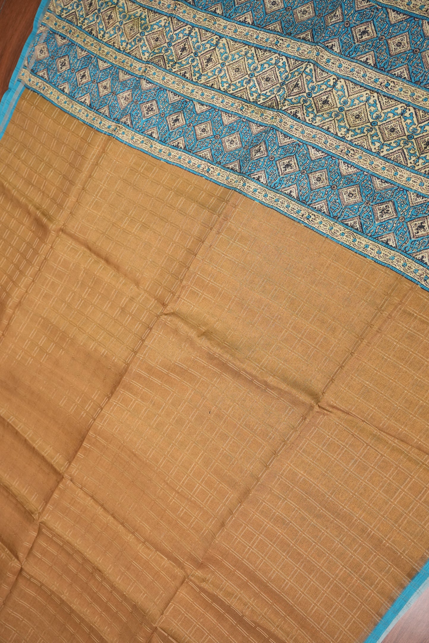 Tussar Raw Silk Saree with Checkered Body & Ajrakh Printed Pallu and Blouse – Beige & Turquoise Blue