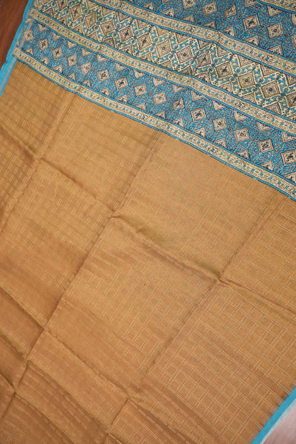 Tussar Raw Silk Saree with Checkered Body & Ajrakh Printed Pallu and Blouse – Beige & Turquoise Blue