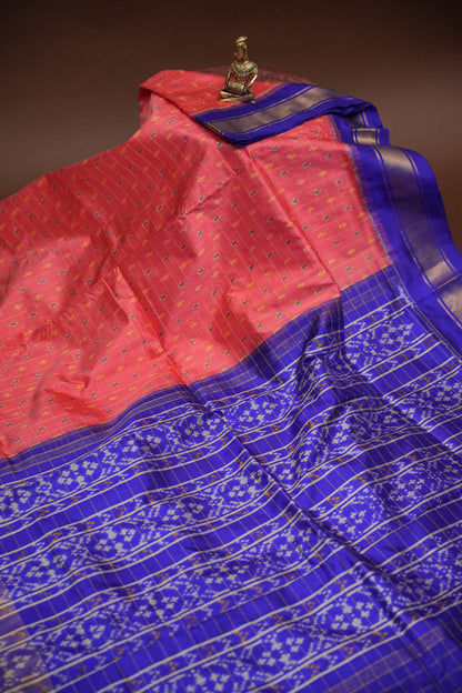 Pure Ikkat Soft Silk Saree - Dark Peach & Blue