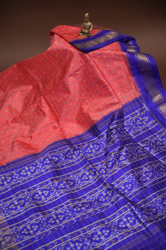 Pure Ikkat Soft Silk Saree - Dark Peach & Blue