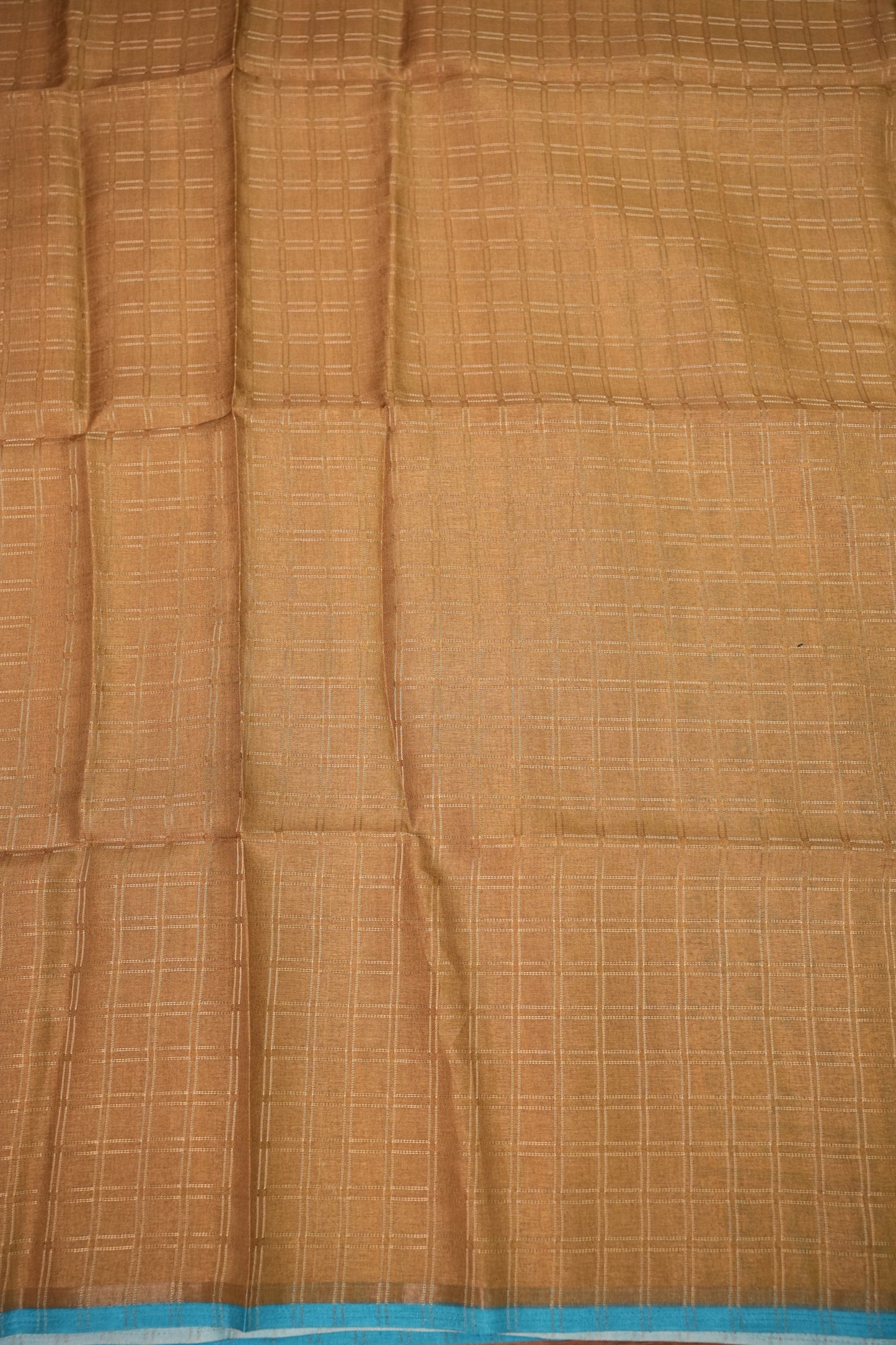 Tussar Raw Silk Saree with Checkered Body & Ajrakh Printed Pallu and Blouse – Beige & Turquoise Blue