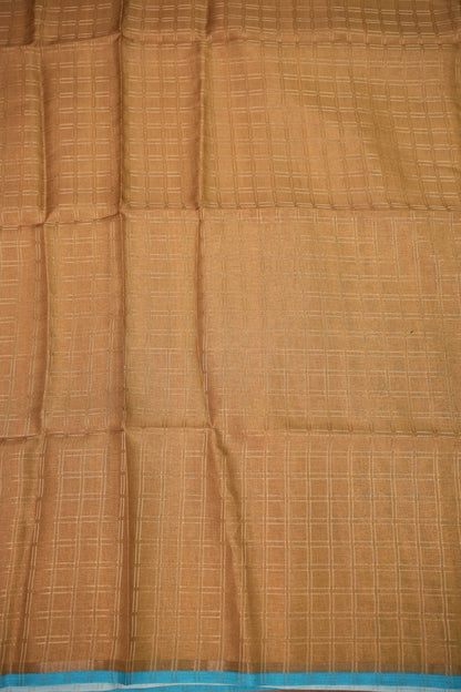 Tussar Raw Silk Saree with Checkered Body & Ajrakh Printed Pallu and Blouse – Beige & Turquoise Blue