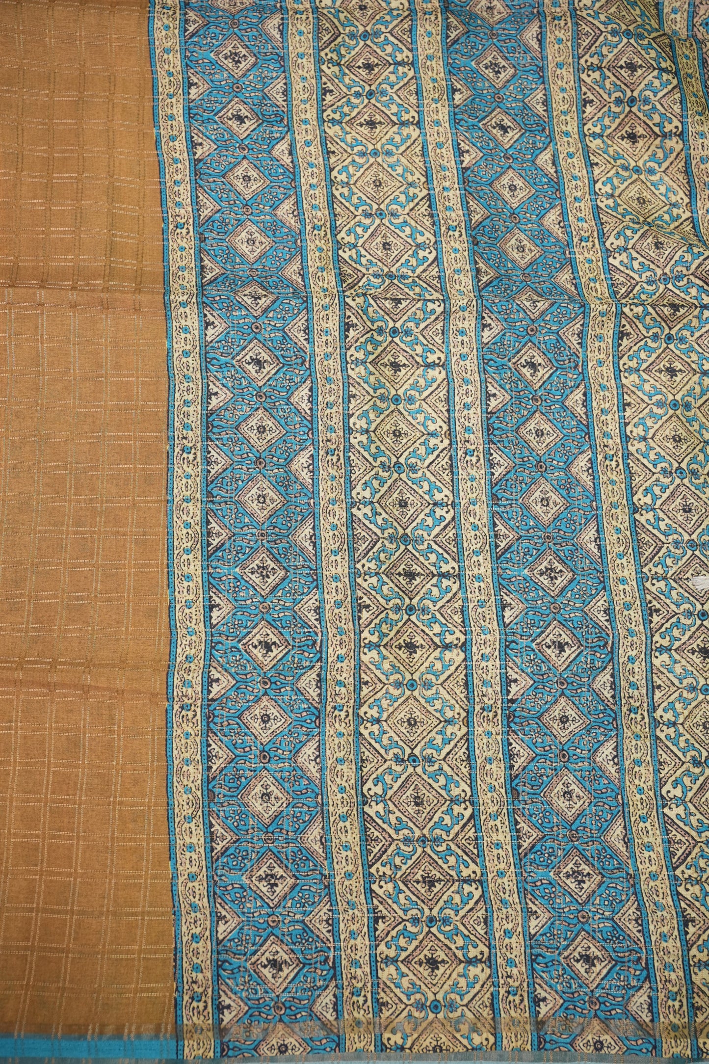 Tussar Raw Silk Saree with Checkered Body & Ajrakh Printed Pallu and Blouse – Beige & Turquoise Blue