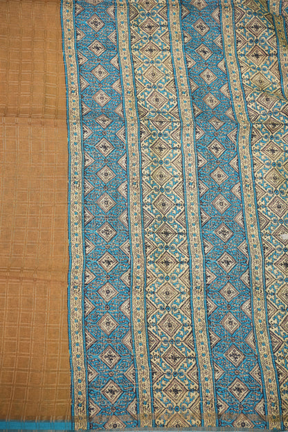 Tussar Raw Silk Saree with Checkered Body & Ajrakh Printed Pallu and Blouse – Beige & Turquoise Blue