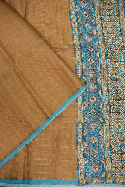 Tussar Raw Silk Saree with Checkered Body & Ajrakh Printed Pallu and Blouse – Beige & Turquoise Blue