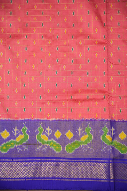 Pure Ikkat Soft Silk Saree - Dark Peach & Blue