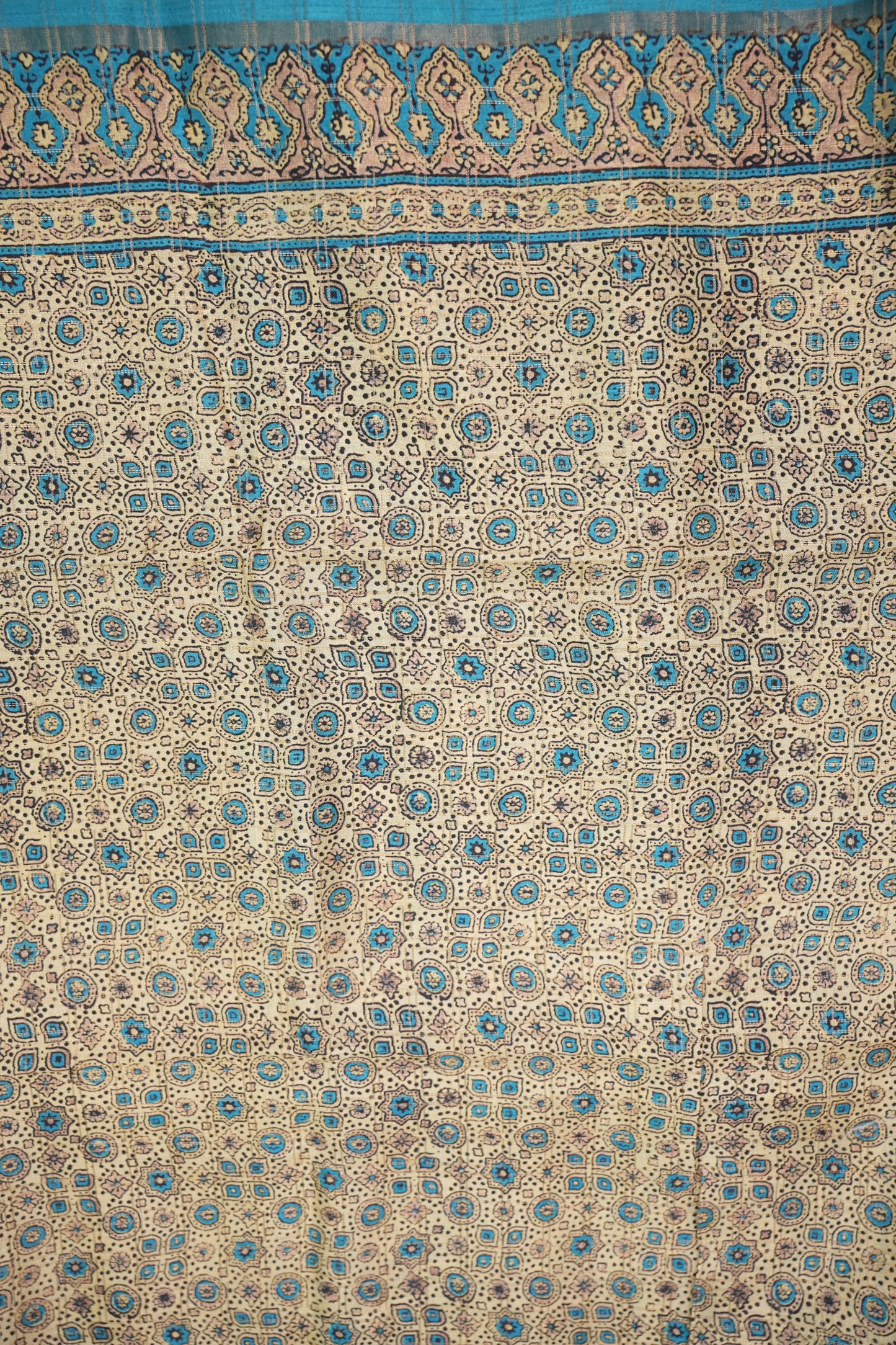 Tussar Raw Silk Saree with Checkered Body & Ajrakh Printed Pallu and Blouse – Beige & Turquoise Blue